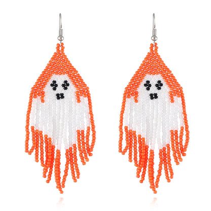 Orange Howlite and Silver-Plated Ghost Tassel Drop Earrings, silver drop earrings for women, botanical inspired, front view