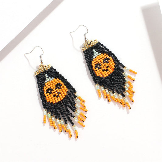 Black Howlite and Silver-Plated Pumpkin Tassel Drop Earrings, silver drop earrings for women, front view