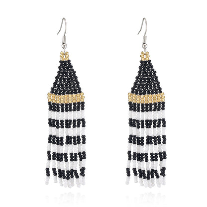 Black Howlite Stripe Tassel Drop Earrings, drop earrings for women, dainty minimalist design, front view
