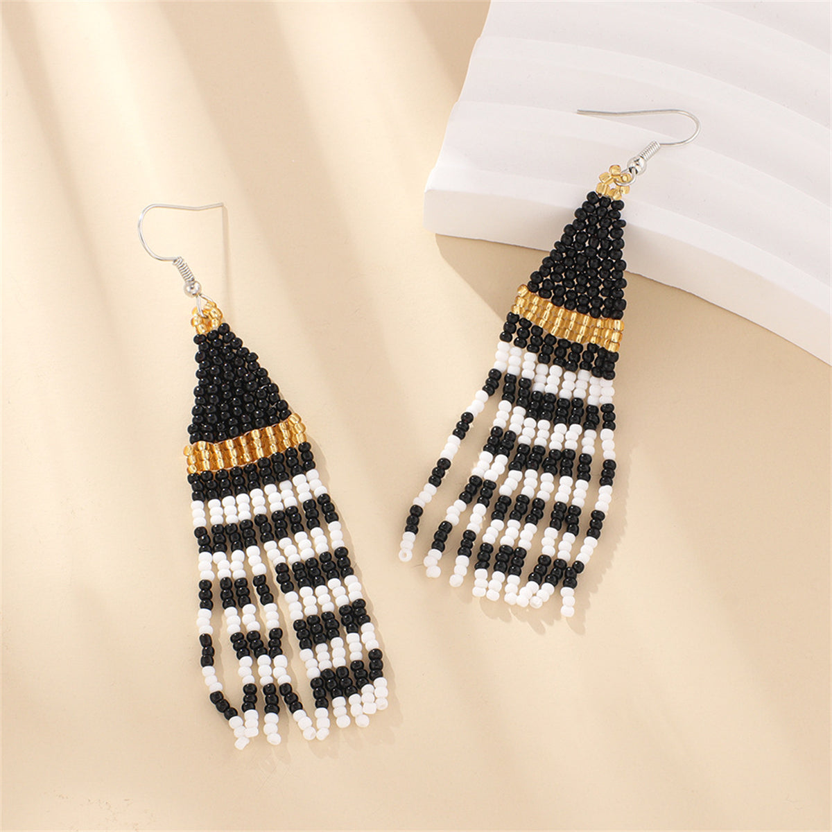 Black Howlite Stripe Tassel Drop Earrings, drop earrings for women, dainty minimalist design, side view