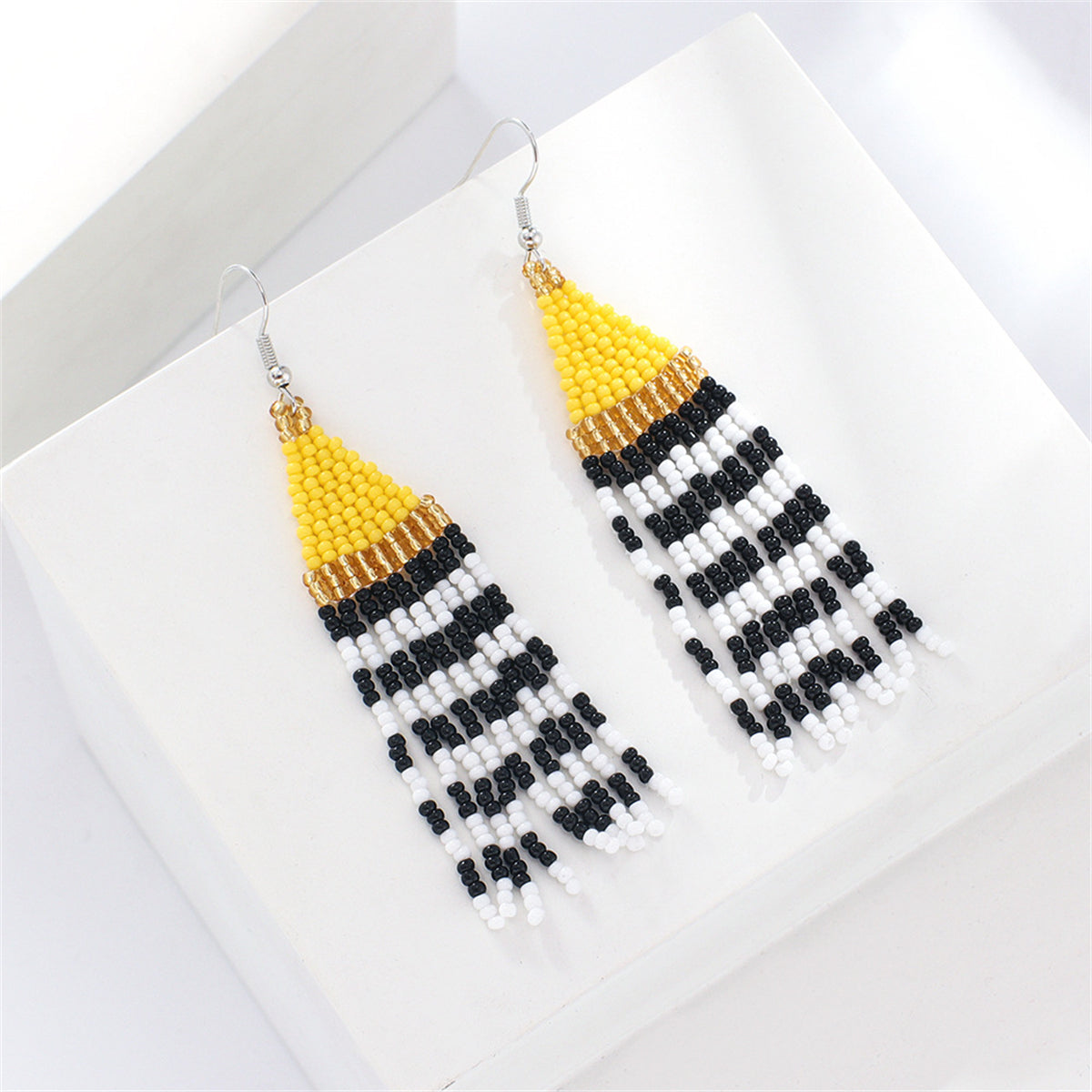 Yellow and Black Howlite Stripe Tassel Drop Earrings, drop earrings for women, everyday style, side view