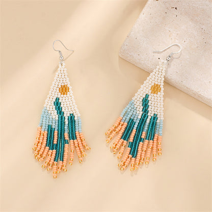 Blue and Orange Howlite Cactus Tassel Drop Earrings, drop earrings for women, vintage-inspired design, side view