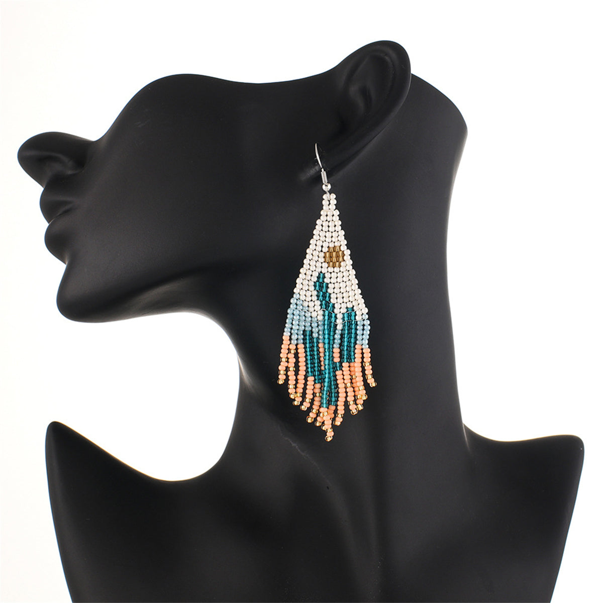 Blue and Orange Howlite Cactus Tassel Drop Earrings, drop earrings for women, vintage-inspired design, detail close-up