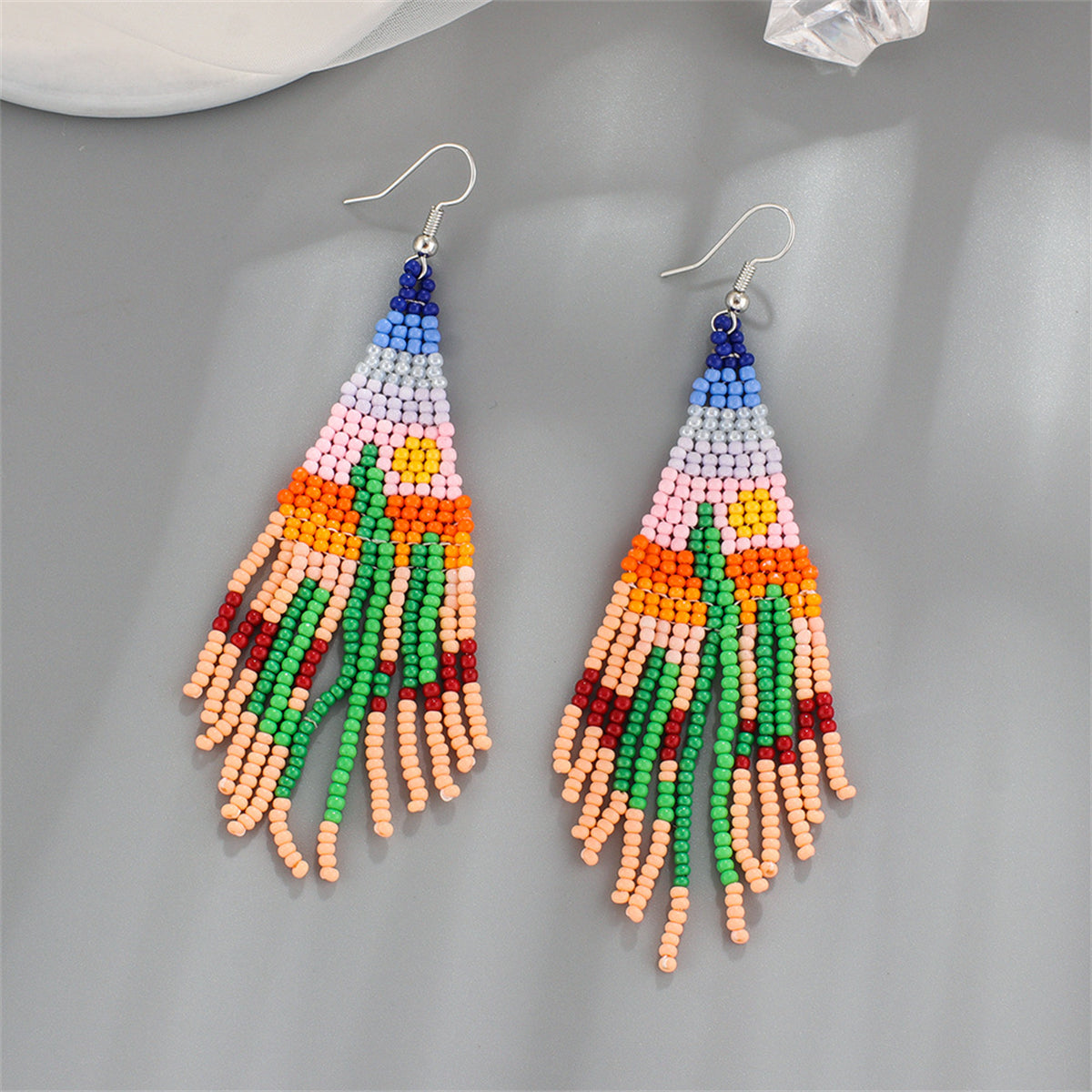 Green and Orange Howlite Cactus Tassel Drop Earrings, drop earrings for women, vintage-inspired design, detail close-up