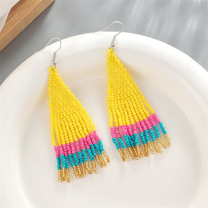 Yellow and Pink Color Block Beaded Drop Earrings, drop earrings for women, dainty minimalist design, side view