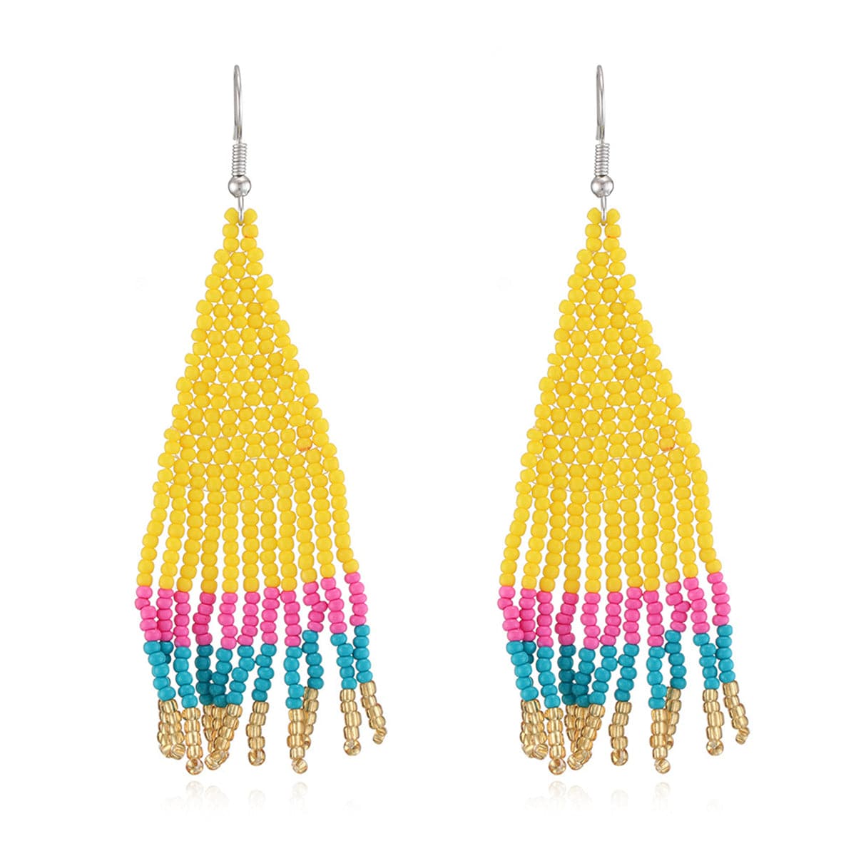 Yellow and Pink Color Block Beaded Drop Earrings, drop earrings for women, dainty minimalist design, front view