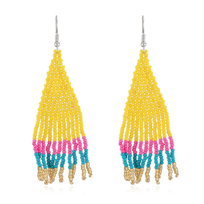 Yellow and Pink Color Block Beaded Drop Earrings, drop earrings for women, dainty minimalist design, front view