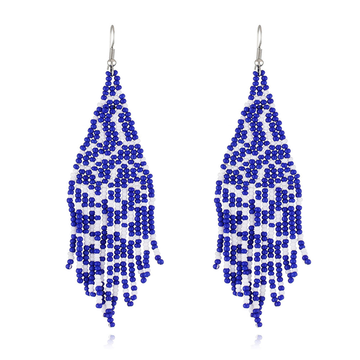 Blue Howlite and Silver-Plated Bead Tassel Drop Earrings, silver drop earrings for women, vintage-inspired design, front view