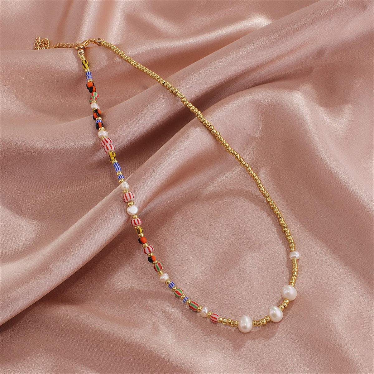 Pearl and Acrylic 18K Gold-Plated Bead Chain Necklace, gold pendant necklace for women, botanical inspired, front view