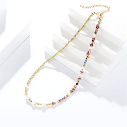 Pearl and Acrylic 18K Gold-Plated Bead Chain Necklace, gold pendant necklace for women, botanical inspired, detail close-up