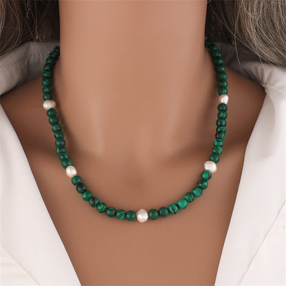 Malachite and Pearl 18K Gold-Plated Beaded Necklace, gold pendant necklace for women, botanical inspired, front view