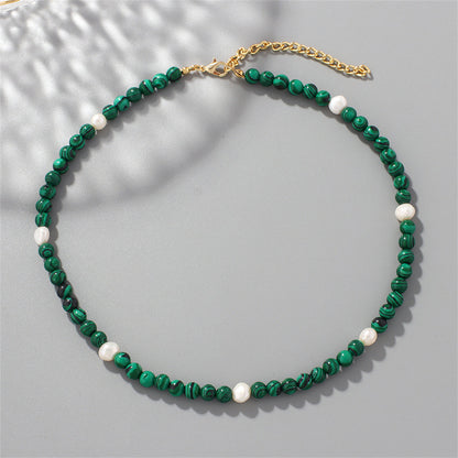 Malachite and Pearl 18K Gold-Plated Beaded Necklace, gold pendant necklace for women, botanical inspired, styled look