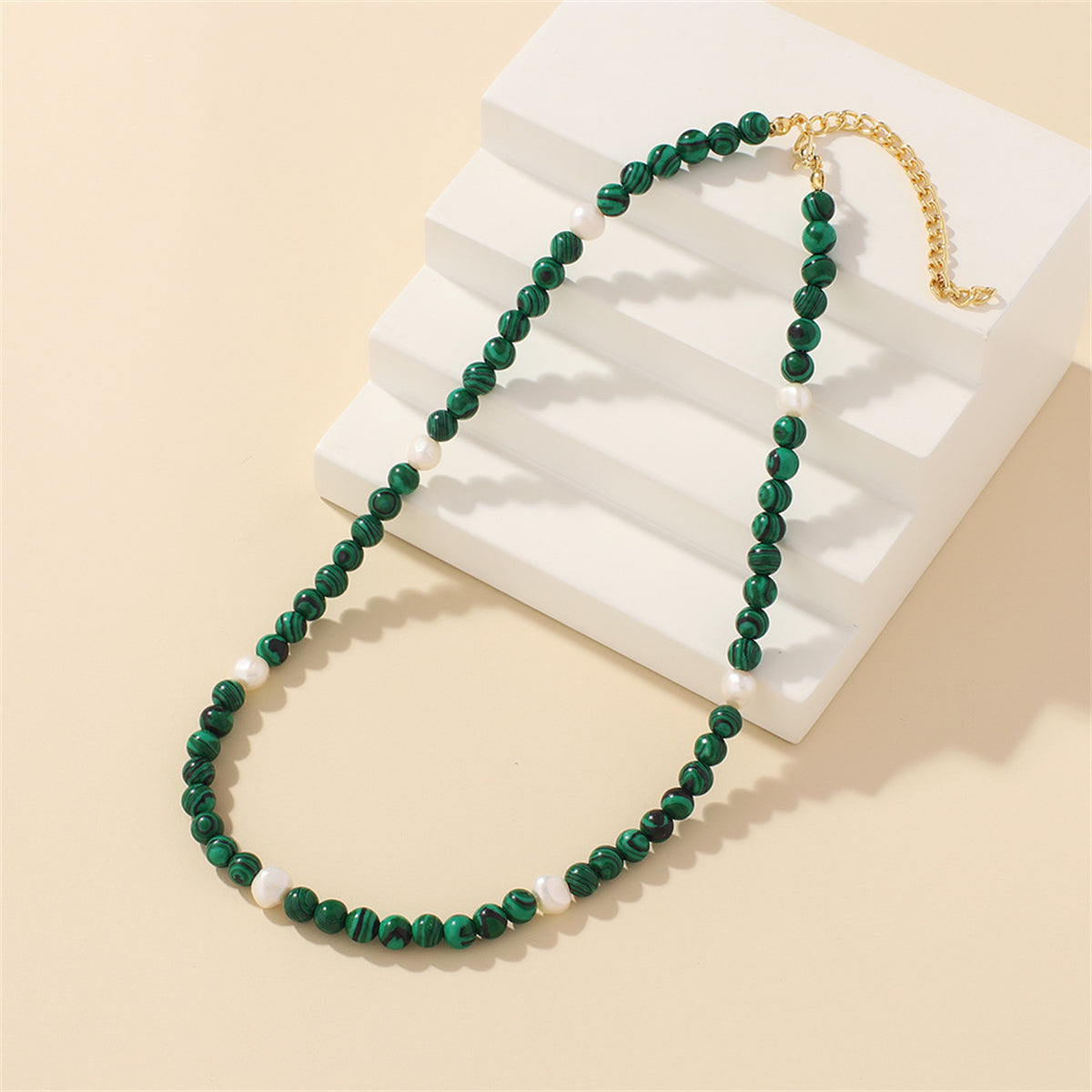 Malachite and Pearl 18K Gold-Plated Beaded Necklace, gold pendant necklace for women, botanical inspired, side view