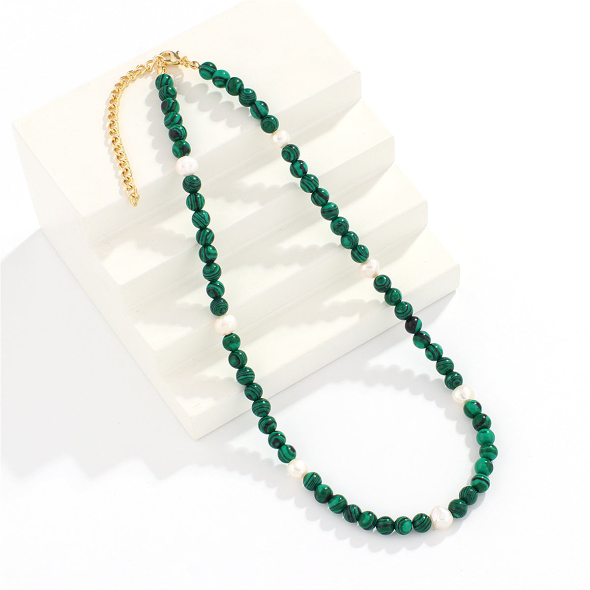 Malachite and Pearl 18K Gold-Plated Beaded Necklace, gold pendant necklace for women, botanical inspired, detail close-up