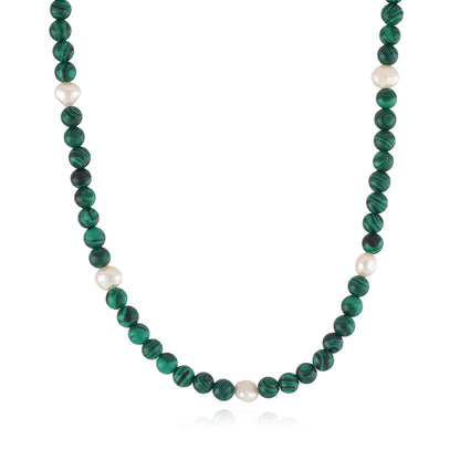 Malachite and Pearl 18K Gold-Plated Beaded Necklace, gold pendant necklace for women, botanical inspired, lifestyle look