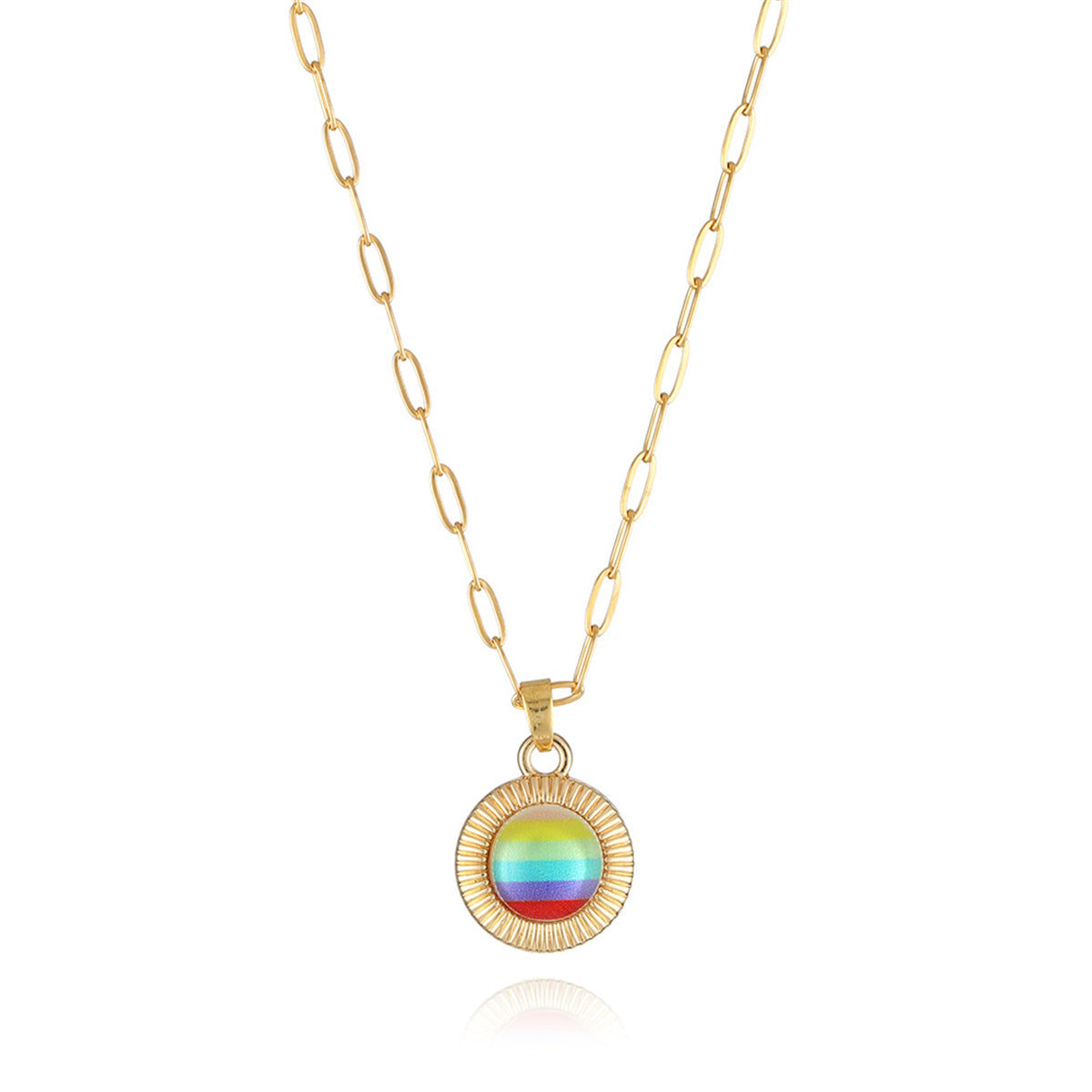 Pink Acrylic and 18K Gold-Plated Stripe Round Pendant Necklace, gold pendant necklace for women, front view