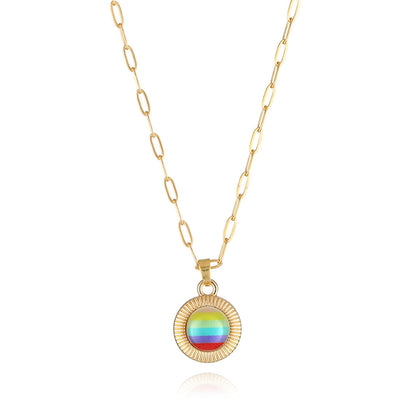 Pink Acrylic and 18K Gold-Plated Stripe Round Pendant Necklace, gold pendant necklace for women, front view