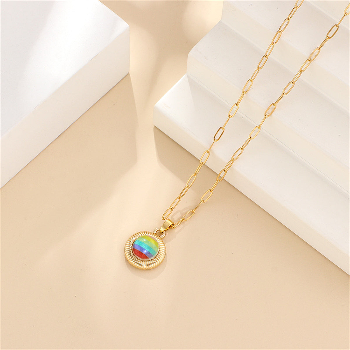 Pink Acrylic and 18K Gold-Plated Stripe Round Pendant Necklace, gold pendant necklace for women, side view