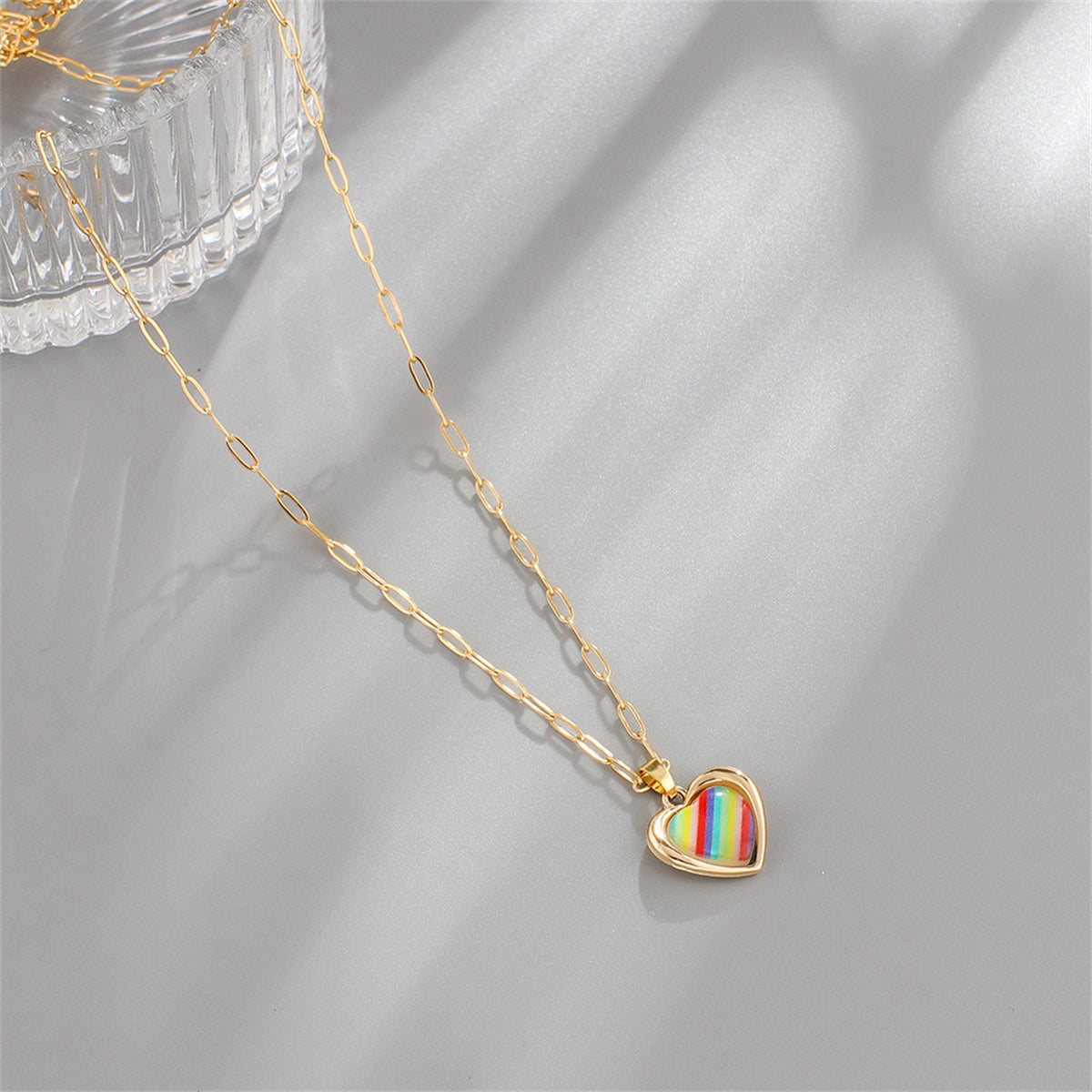 Red Acrylic and 18K Gold-Plated Stripe Heart Pendant Necklace, gold pendant necklace for women, everyday style, side view