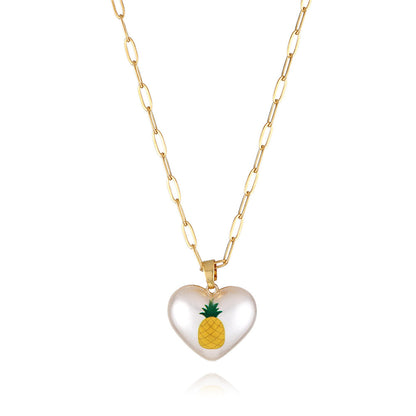 Pearl and 18K Gold-Plated Pineapple Heart Pendant Necklace, gold pendant necklace for women, elegant gift for her, front view