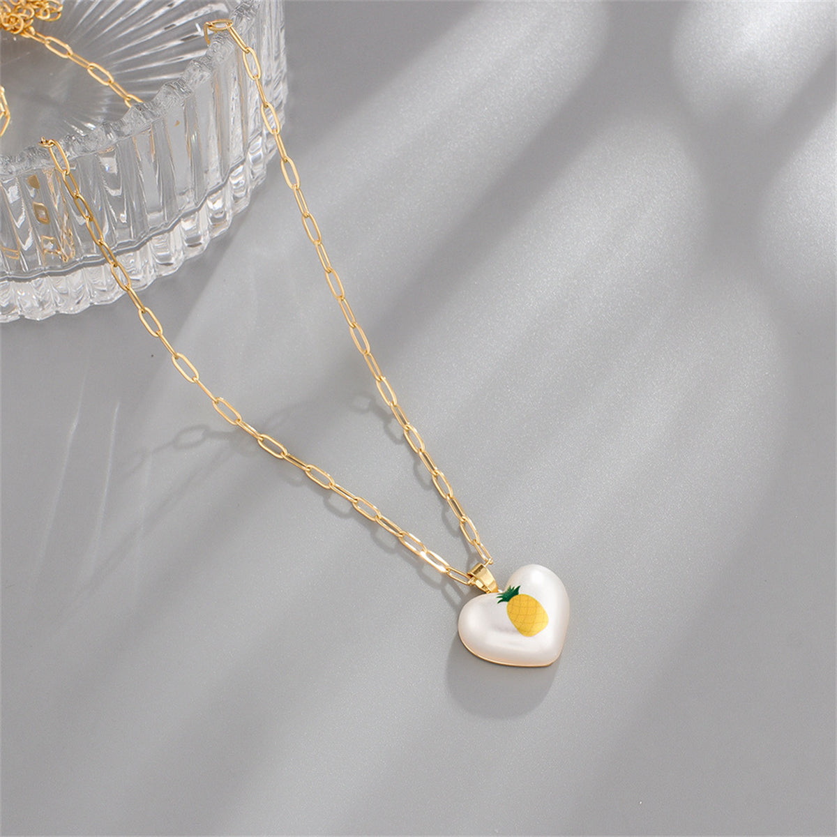 Pearl and 18K Gold-Plated Pineapple Heart Pendant Necklace, gold pendant necklace for women, elegant gift for her, side view
