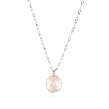 Baroque Pearl and Silver-Plated Pendant Necklace, silver pendant necklace for women, everyday style, front view