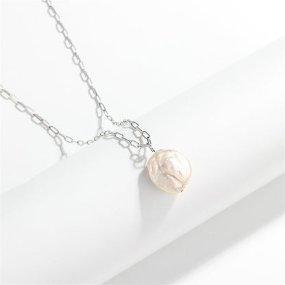 Baroque Pearl and Silver-Plated Pendant Necklace, silver pendant necklace for women, everyday style, side view