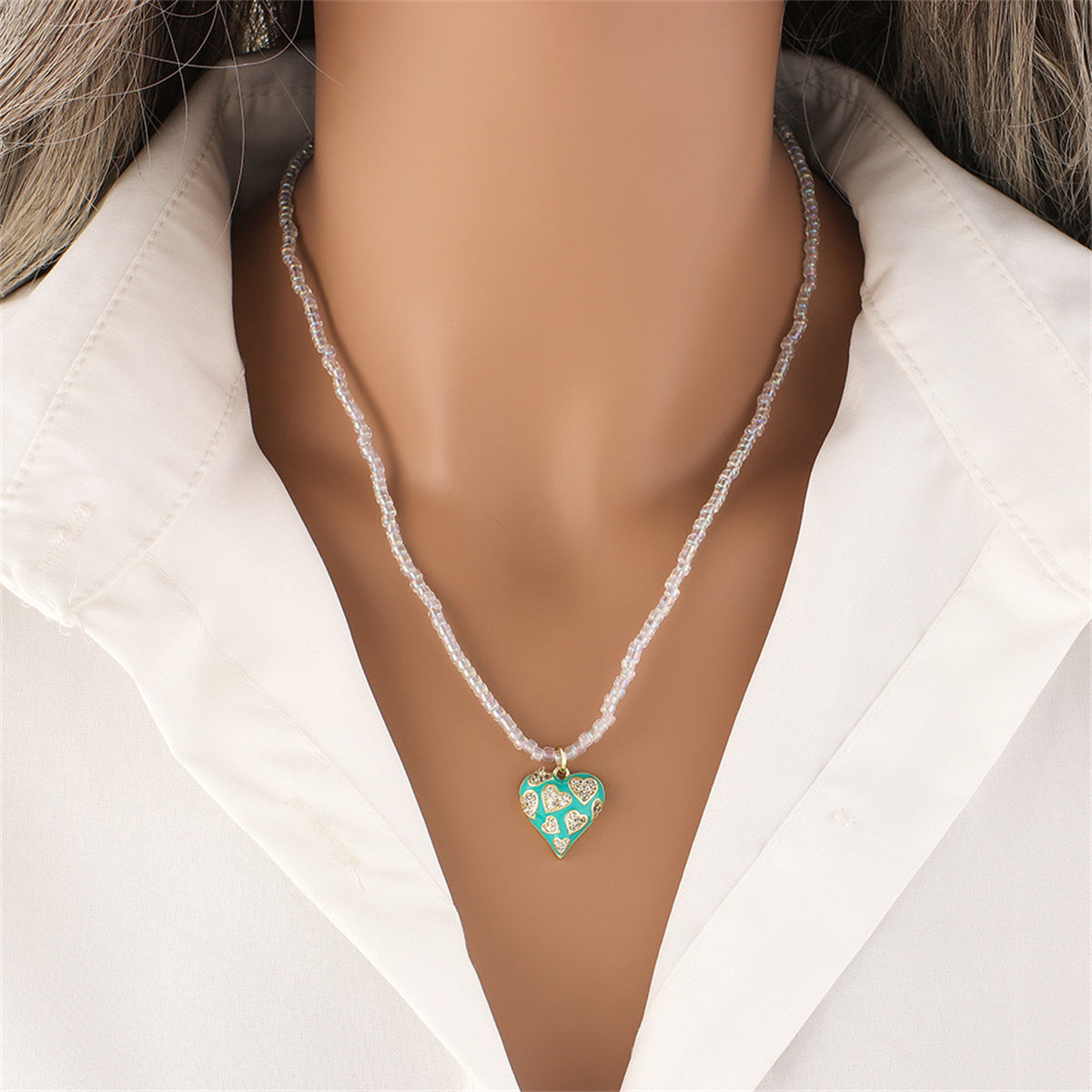 Cubic Zirconia and Clear Acrylic Open Heart Pendant Necklace, pendant necklace for women, everyday style, side view