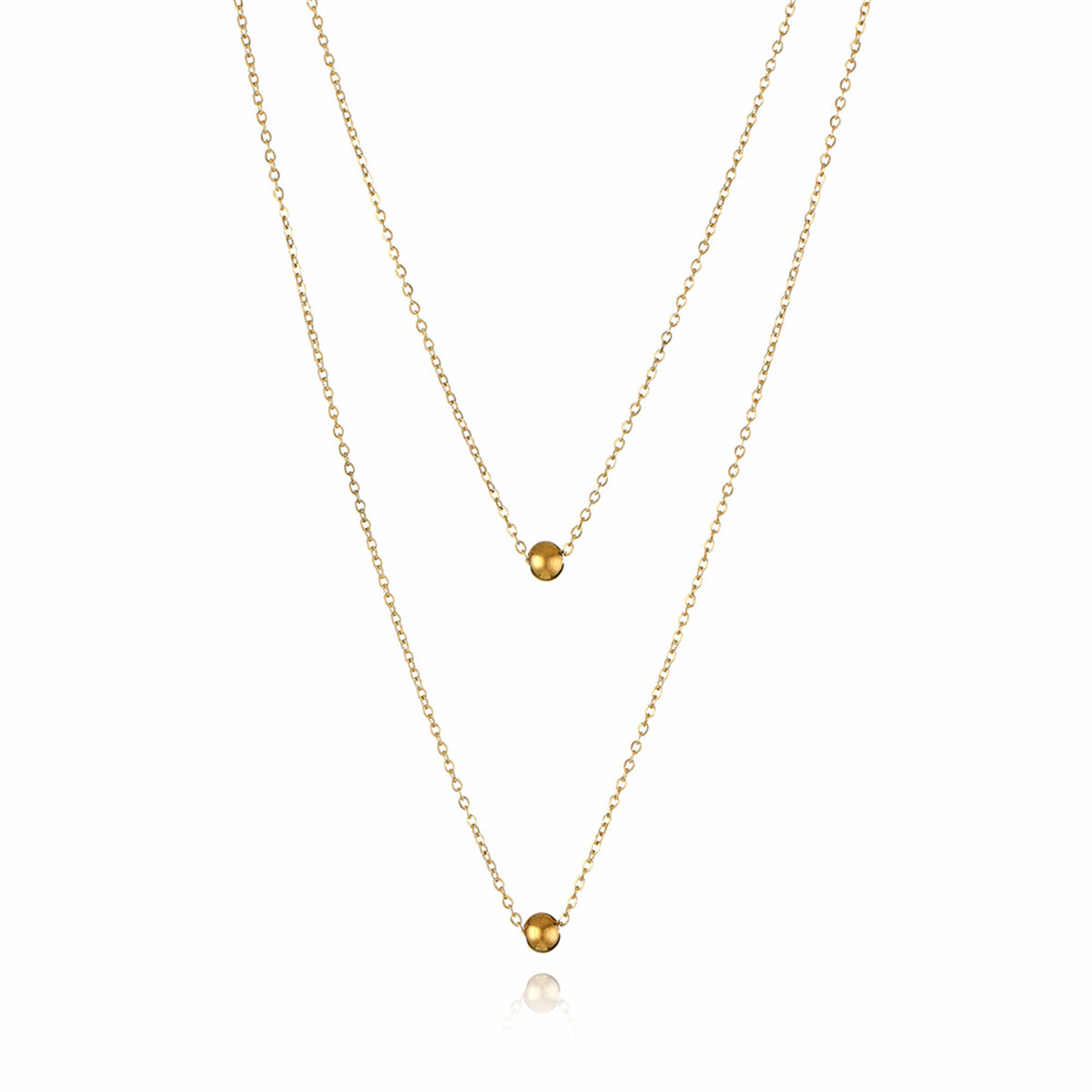 18K gold-plated double layer necklace adorned with two beautiful gold balls, perfect for elevating any outfit.
