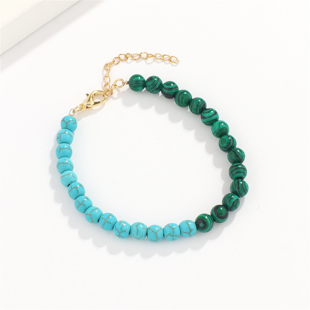 Malachite and Turquoise 18K Gold-Plated Beaded Bracelet, gold bracelet for women, dainty minimalist design, front view