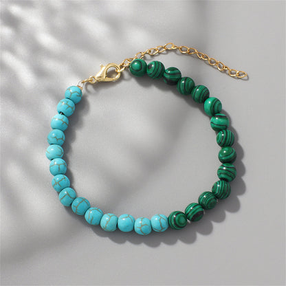 Malachite and Turquoise 18K Gold-Plated Beaded Bracelet, gold bracelet for women, dainty minimalist design, side view