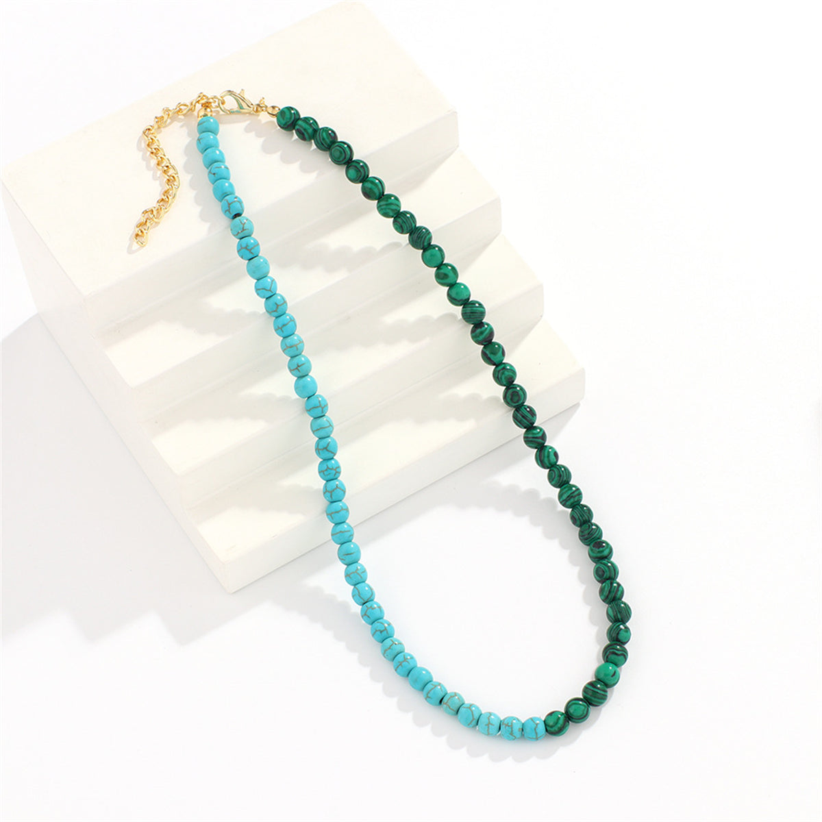 Malachite and Turquoise 18K Gold-Plated Beaded Necklace, gold pendant necklace for women, elegant gift for her, side view