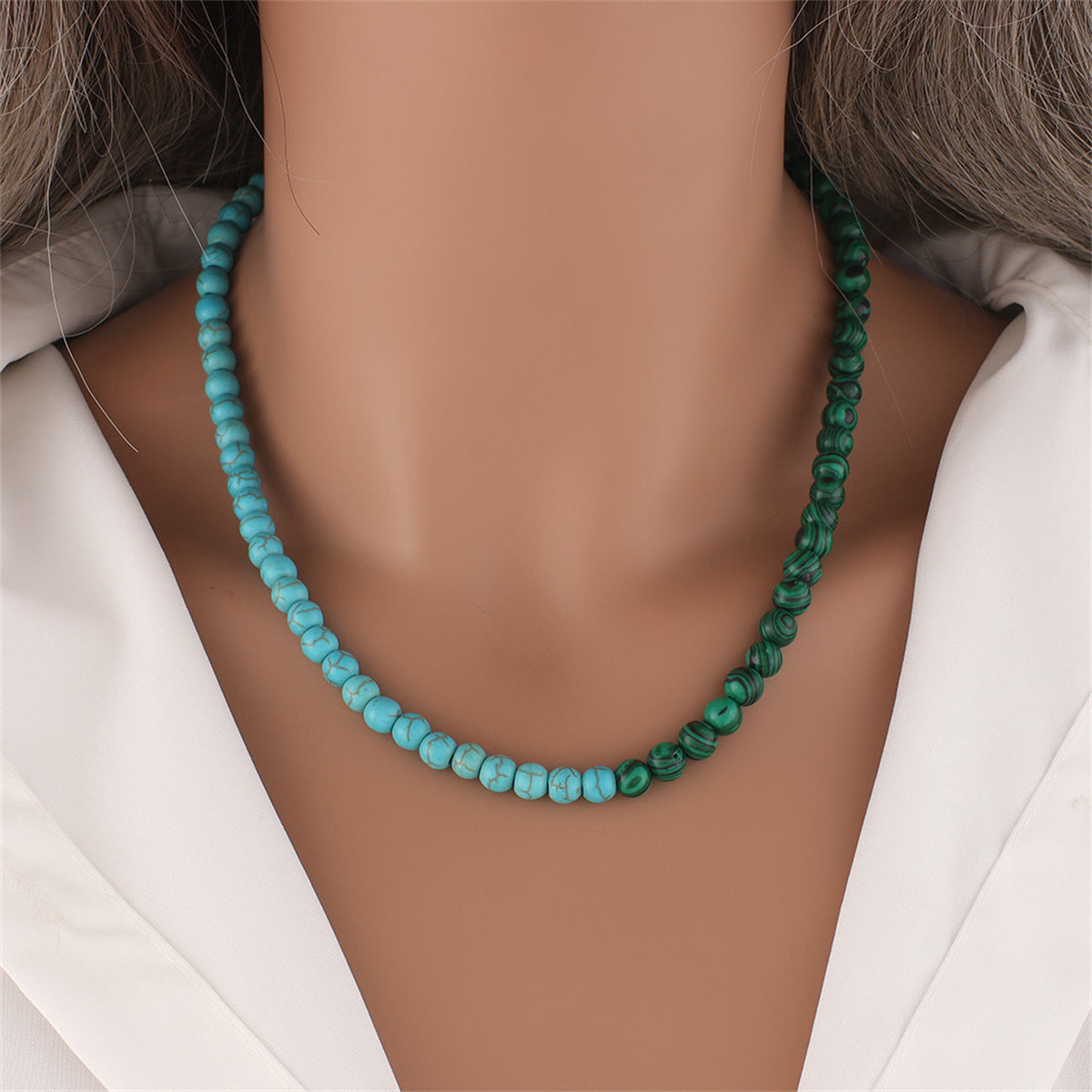 Malachite and Turquoise 18K Gold-Plated Beaded Necklace, gold pendant necklace for women, detail close-up
