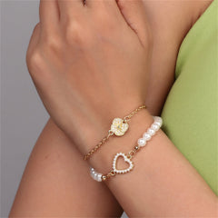Pearl & 18K Gold-Plated Flower Heart Charm Bracelet Set