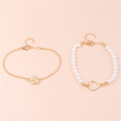 Pearl & 18K Gold-Plated Flower Heart Charm Bracelet Set