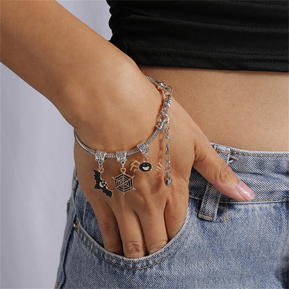 Black Enamel and Two Tone Bat Cobweb Spider Charm Bracelet, bracelet for women, elegant gift for her, front view