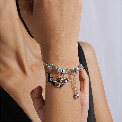 Black Enamel and Two Tone Bat Cobweb Spider Charm Bracelet, bracelet for women, elegant gift for her, side view