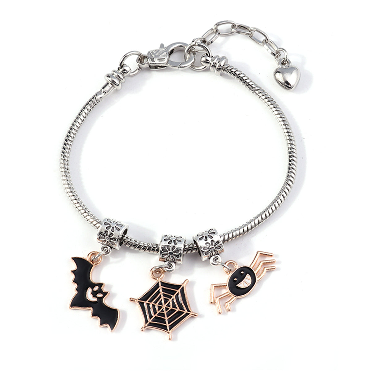 Black Enamel and Two Tone Bat Cobweb Spider Charm Bracelet, bracelet for women, elegant gift for her, detail close-up