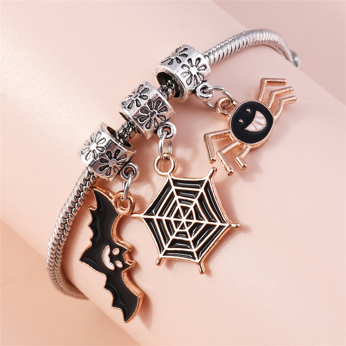Black Enamel and Two Tone Bat Cobweb Spider Charm Bracelet, bracelet for women, elegant gift for her, lifestyle look