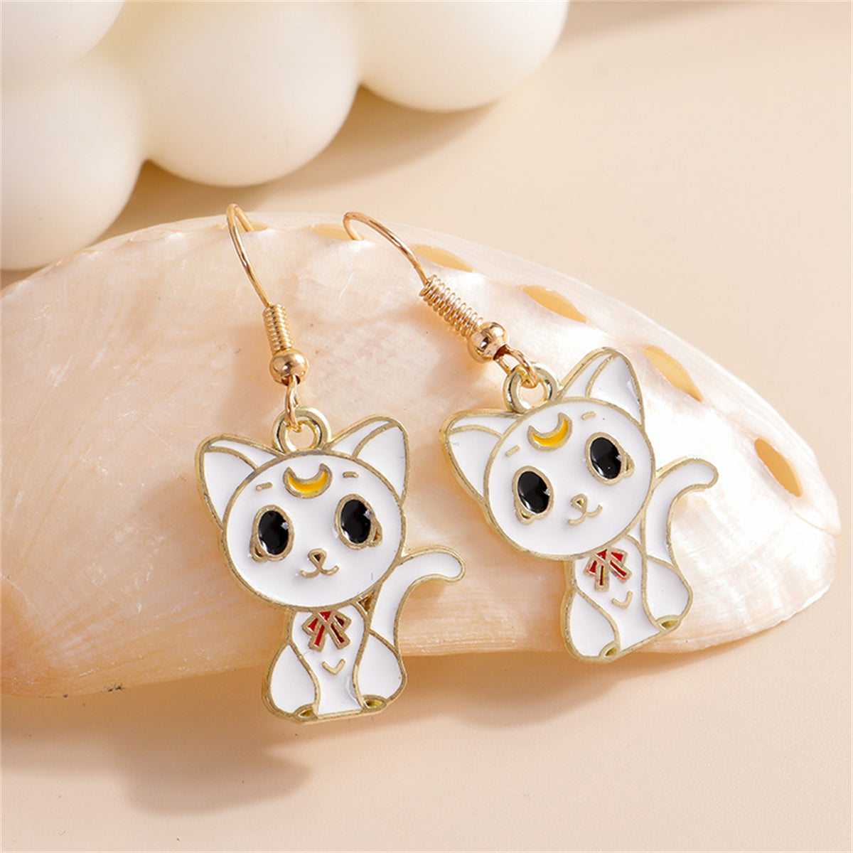White Enamel and 18K Gold-Plated Cat Drop Earrings, gold drop earrings for women, elegant gift for her, front view