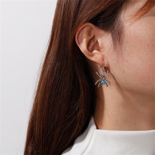 Blue Cubic Zirconia and Silver-Plated Spider Drop Earrings, silver drop earrings for women, elegant gift for her, front view