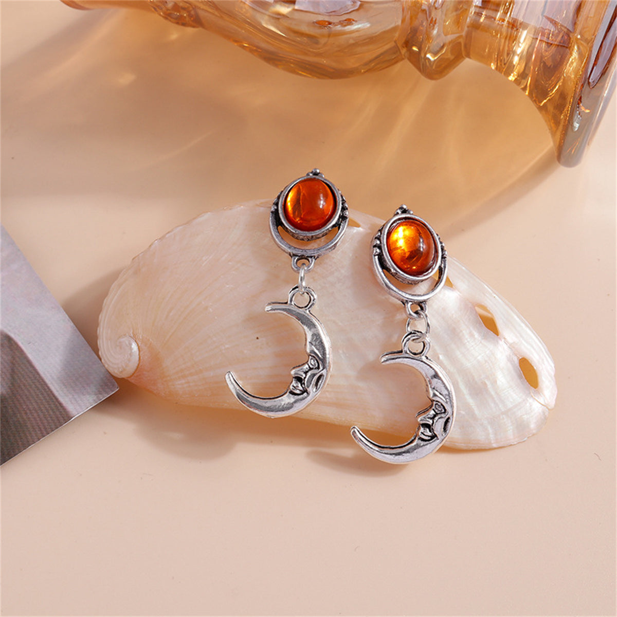 Orange Moonstone and Silver-Plated Moon Drop Earrings, silver drop earrings for women, elegant gift for her, front view