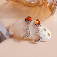 Orange Moonstone & Silver-Plated Moon Drop Earrings