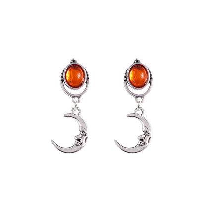 Orange Moonstone and Silver-Plated Moon Drop Earrings, silver drop earrings for women, elegant gift for her, styled look