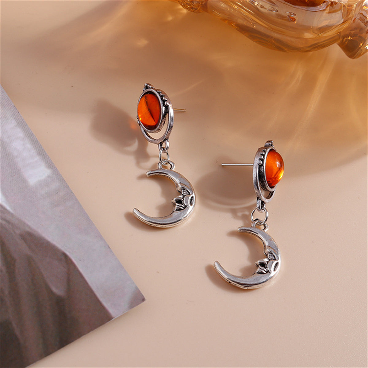 Orange Moonstone & Silver-Plated Moon Drop Earrings