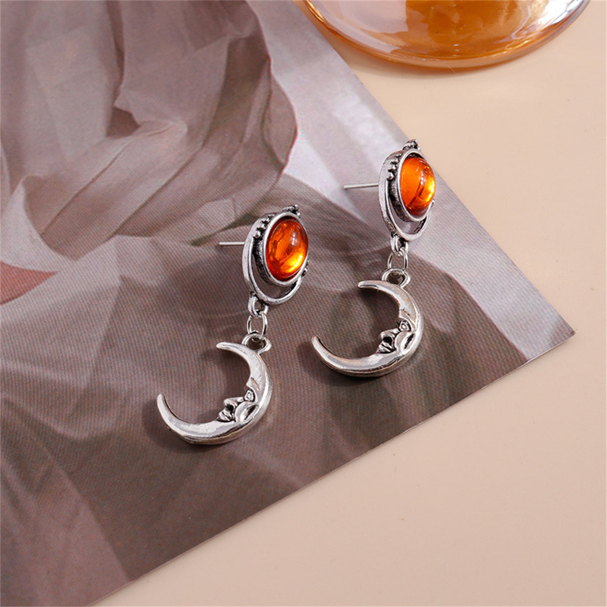 Orange Moonstone and Silver-Plated Moon Drop Earrings, silver drop earrings for women, elegant gift for her, lifestyle look