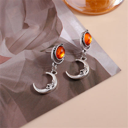 Orange Moonstone and Silver-Plated Moon Drop Earrings, silver drop earrings for women, elegant gift for her, lifestyle look