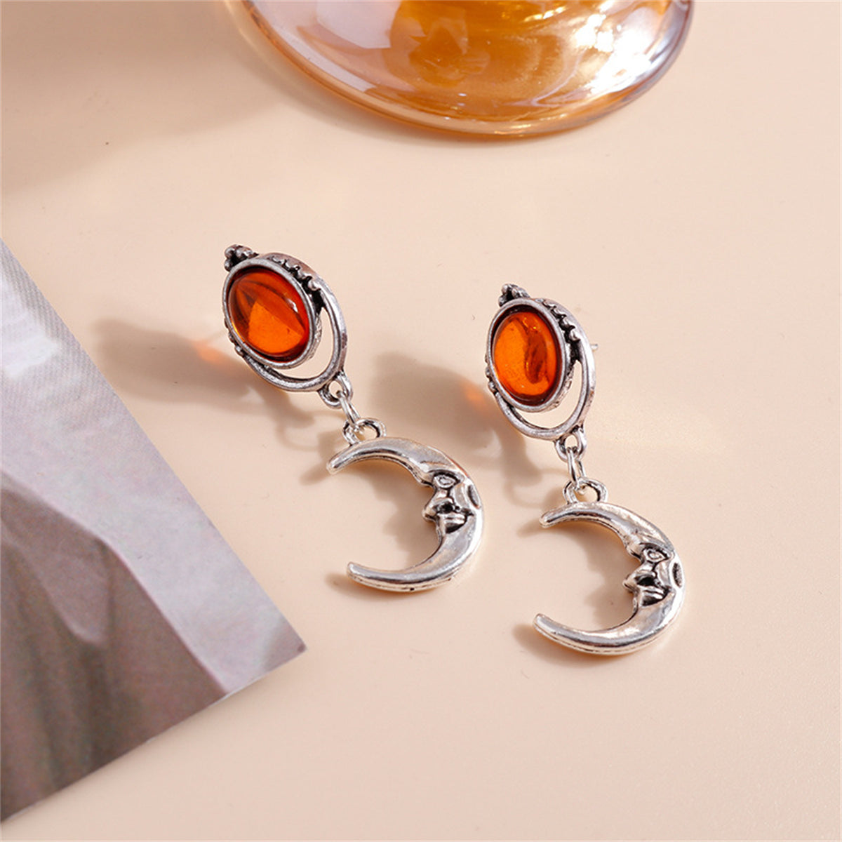 Orange Moonstone and Silver-Plated Moon Drop Earrings, silver drop earrings for women, elegant gift for her, side view