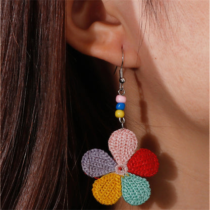Red Polyester and Howlite Flower Drop Earrings, drop earrings for women, vintage-inspired design, front view