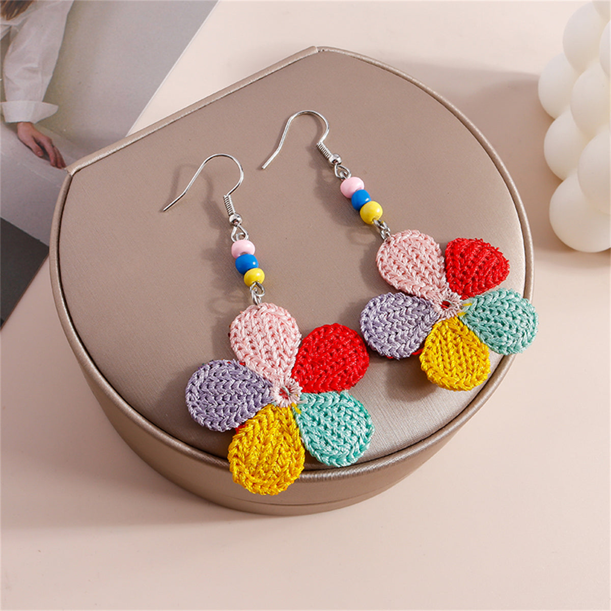 Red Polyester and Howlite Flower Drop Earrings, drop earrings for women, vintage-inspired design, styled look